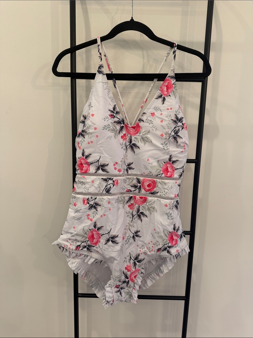 Floral Pink & White Swimsuit with ruffle bottoms